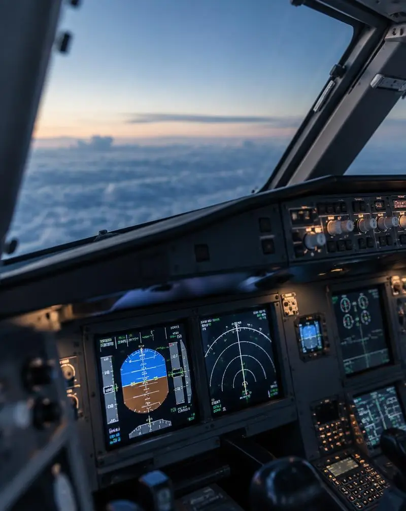 Aircraft cockpit and flight instruments, editorial aviation illustration