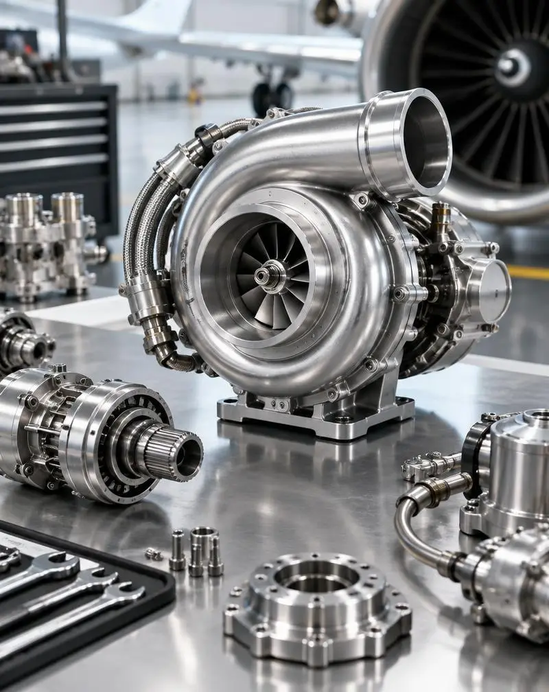 Aircraft engine accessory components, editorial aviation illustration