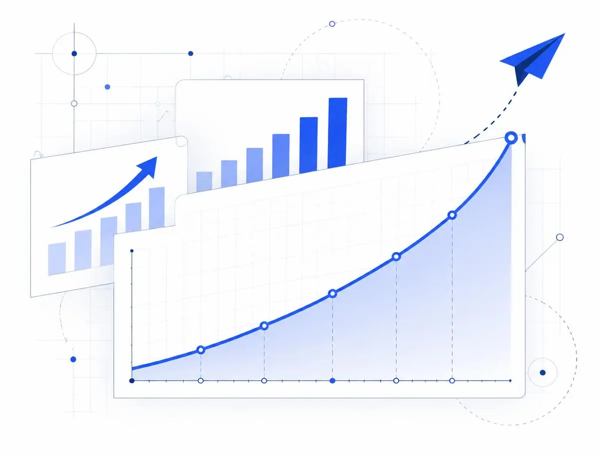 Illustration of website traffic and advertising returns climbing in a rising cobalt curve